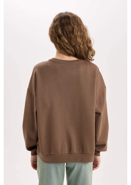 Loose Fit Bisiklet Yaka Baskılı Kalın Sweatshirt D8528AX24WN