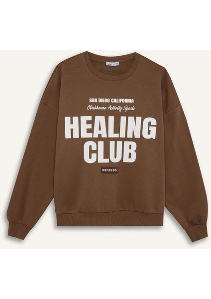 Loose Fit Bisiklet Yaka Baskılı Kalın Sweatshirt D8528AX24WN