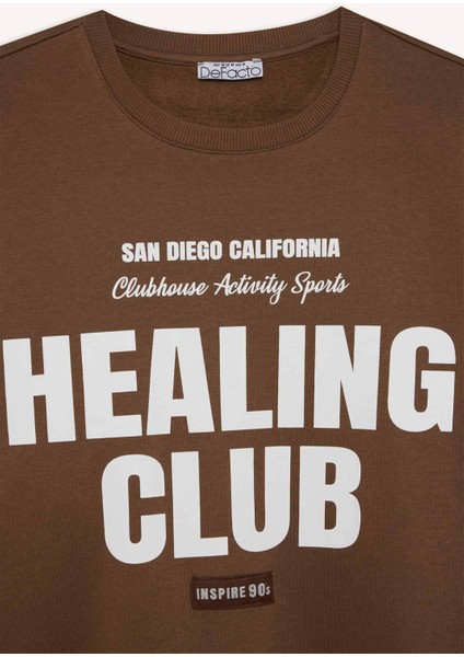 Loose Fit Bisiklet Yaka Baskılı Kalın Sweatshirt D8528AX24WN