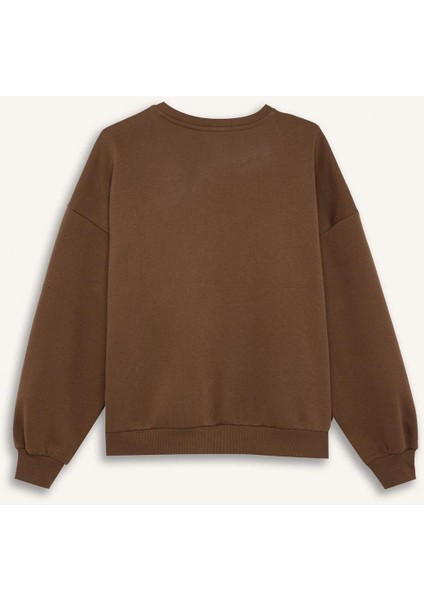 Loose Fit Bisiklet Yaka Baskılı Kalın Sweatshirt D8528AX24WN