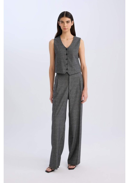 Wide Leg Klasik Kışlık Pantolon Kareli Cepli Yüksek Bel Geniş Bol Paça D8635AX24AU