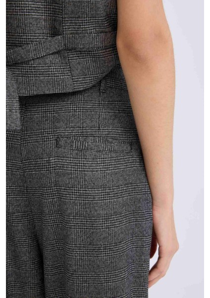 Wide Leg Klasik Kışlık Pantolon Kareli Cepli Yüksek Bel Geniş Bol Paça D8635AX24AU