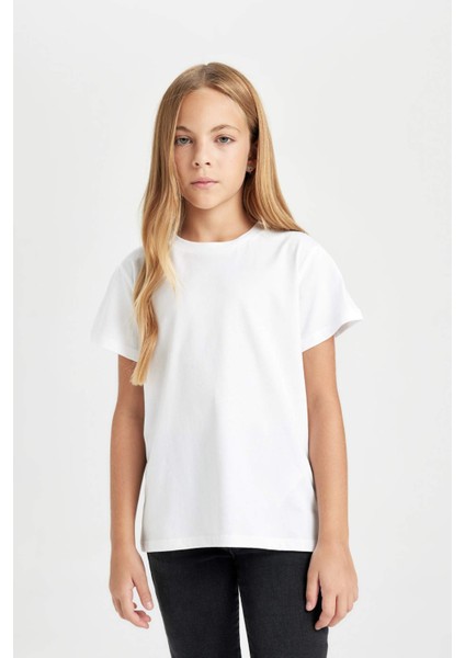 Kız Çocuk Bisiklet Yaka Basic Düz Kısa Kollu Tişört D8506A8NS