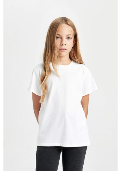 Kız Çocuk Bisiklet Yaka Basic Düz Kısa Kollu Tişört D8506A8NS