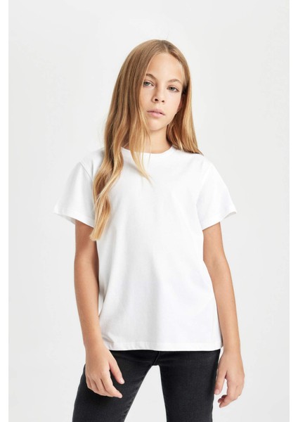 Kız Çocuk Bisiklet Yaka Basic Düz Kısa Kollu Tişört D8506A8NS