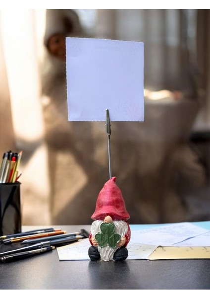 Simli Kırmızı Yonca Tutan Sevimli Şans Cücesi Fotoğraf Not Tutacağı Ofis Masası Tutacak Hediyelik