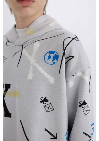 Erkek Çocuk Oversize Geniş Kalıp Kapüşonlu Desenli Sweatshirt D7118A824WN