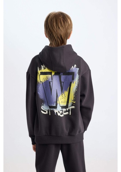 Erkek Çocuk Oversize Geniş Kalıp Sırt Baskılı Kapüşonlu Sweatshirt D7115A824WN