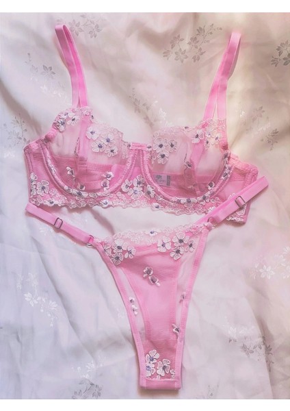 Nakışlı Transparan Dantel Sütyen & Külot Takımı Desteksiz Balenli modelleri