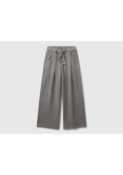 Kız Çocuk Antrasit Melanj Önü Pile Detaylı Beli Bağlamalı Arkası Lastikli Eşofman Altı