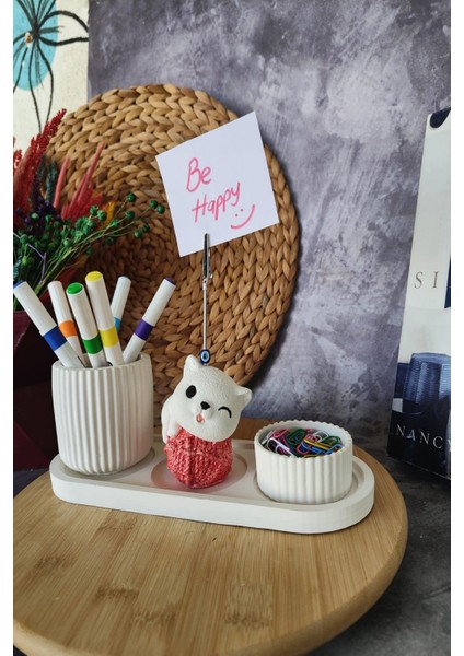 Dekoratif Sevimli Kedi Notluk, Kalemlik ve Ataşlık Seti, 4lü Masaüstü Organizer