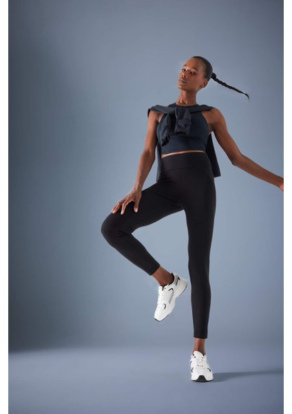 Fit Yüksek Bel Beli Saran Pamuklu Basic Düz Sporcu Tayt