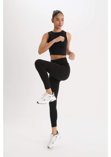 Fit Yüksek Bel Beli Saran Pamuklu Basic Düz Sporcu Tayt