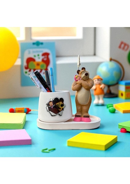 Dekoratif Sevimli Maşa ve Kocaayı Baskılı Kalemlik ve Notluk Seti El Yapımı