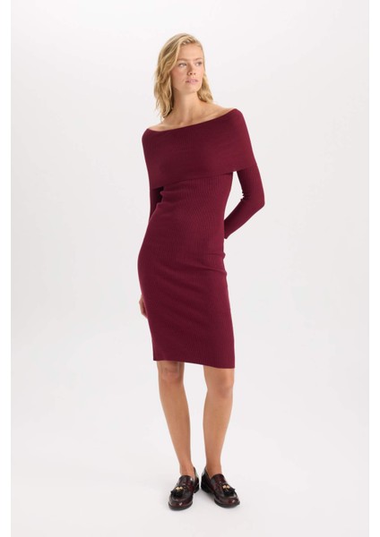 Fitted Açık Omuz Basic Düz Uzun Kollu Vücuda Oturan Midi Triko Elbise D6840AX24AU