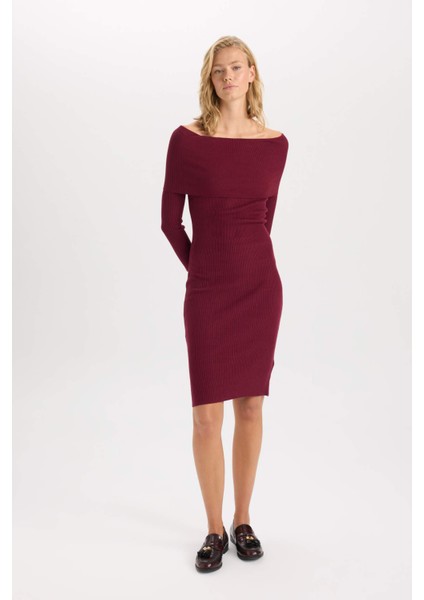 Fitted Açık Omuz Basic Düz Uzun Kollu Vücuda Oturan Midi Triko Elbise D6840AX24AU