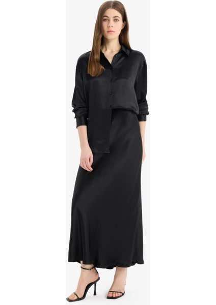 A Kesim Normal Bel Saten Midi Etek B1867AX25SP