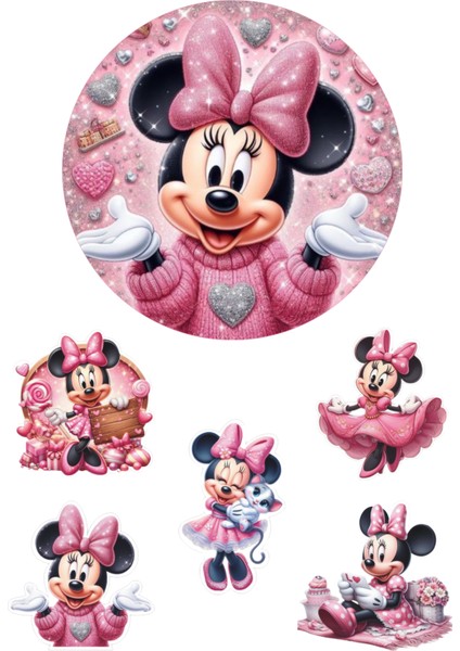 Yenilebilir Yuvarlak Pasta ve Figür Resim Baskısı Şekerli Kağıt Mini Mouse Temalı 12