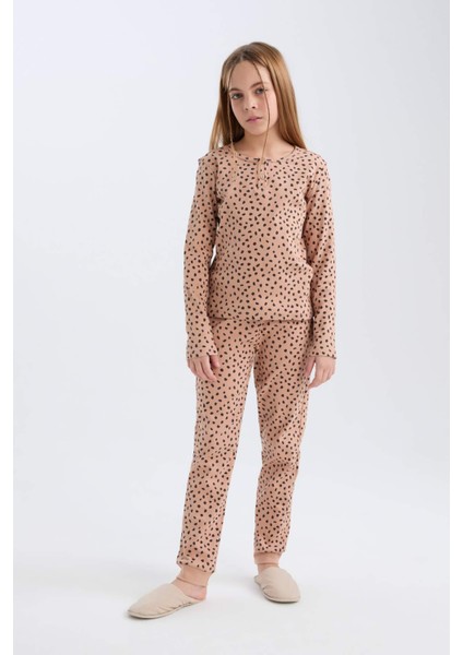 Kız Çocuk Pijama Takımı Fitilli Kaşkorse Desenli Uzun Kollu Üst Uzun Alt D7748A824WN