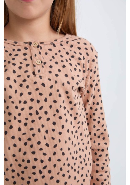Kız Çocuk Pijama Takımı Fitilli Kaşkorse Desenli Uzun Kollu Üst Uzun Alt D7748A824WN