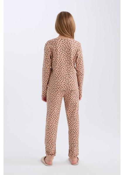 Kız Çocuk Pijama Takımı Fitilli Kaşkorse Desenli Uzun Kollu Üst Uzun Alt D7748A824WN
