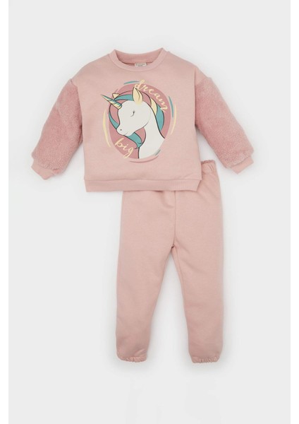 Kız Bebek 2'li Takım Unicorn Baskılı Bisiklet Yaka Sweatshirt Eşofman Altı B3097A524AU