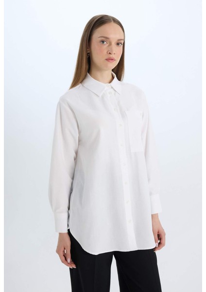 Relax Fit Poplin Basic Düz Beyaz Uzun Kollu Gömlek Tunik D7342AX25SP