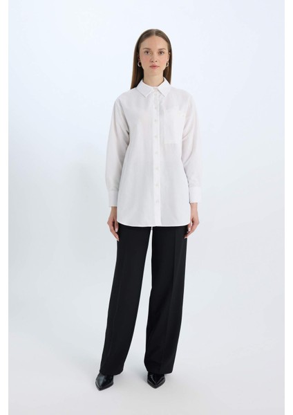 Relax Fit Poplin Basic Düz Beyaz Uzun Kollu Gömlek Tunik D7342AX25SP