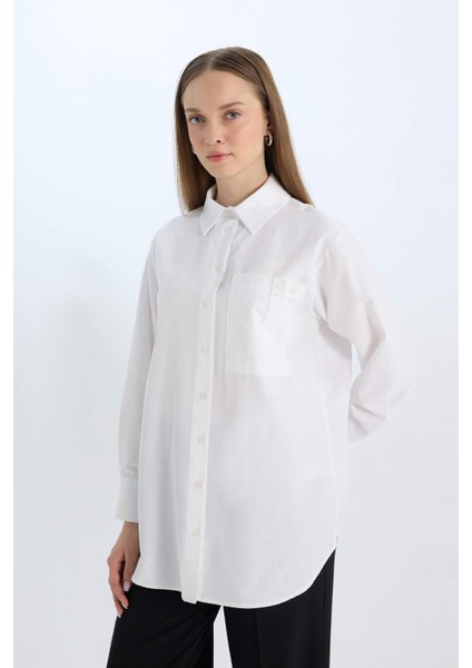 Relax Fit Poplin Basic Düz Beyaz Uzun Kollu Gömlek Tunik D7342AX25SP
