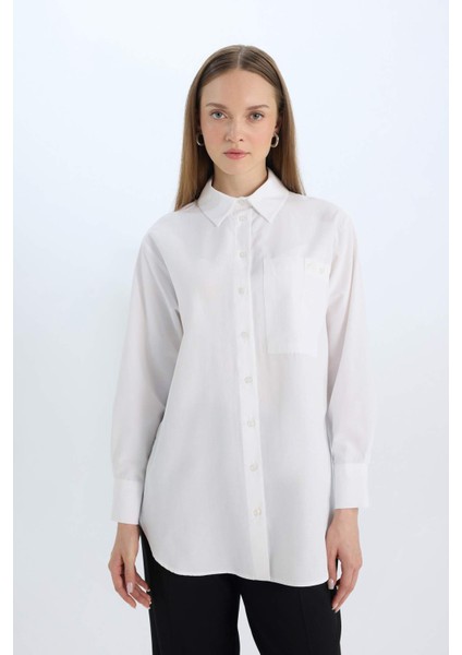Relax Fit Poplin Basic Düz Beyaz Uzun Kollu Gömlek Tunik D7342AX25SP