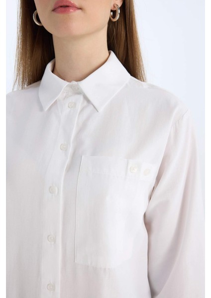 Relax Fit Poplin Basic Düz Beyaz Uzun Kollu Gömlek Tunik D7342AX25SP