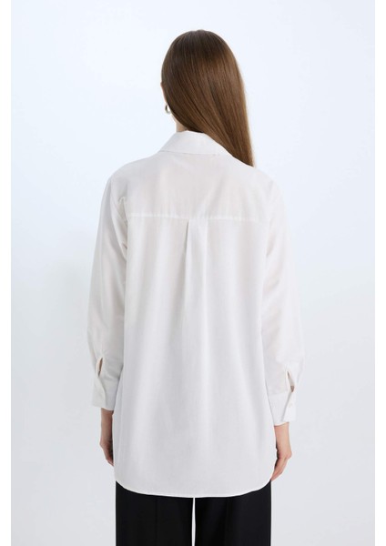 Relax Fit Poplin Basic Düz Beyaz Uzun Kollu Gömlek Tunik D7342AX25SP