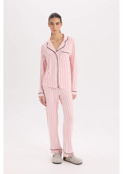 Pijama Takımı Çizgili Uzun Kollu Üst Beli Lastikli Uzun Alt-Fall in Love D6845AX24AU