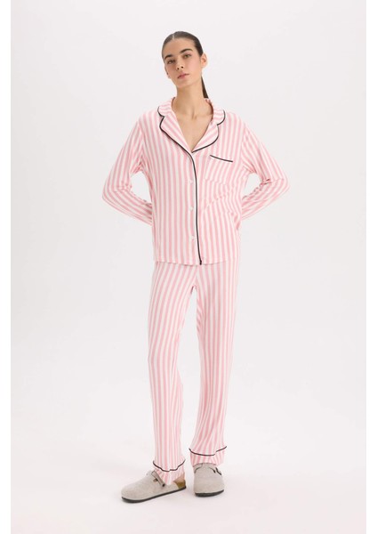Pijama Takımı Çizgili Uzun Kollu Üst Beli Lastikli Uzun Alt-Fall in Love D6845AX24AU