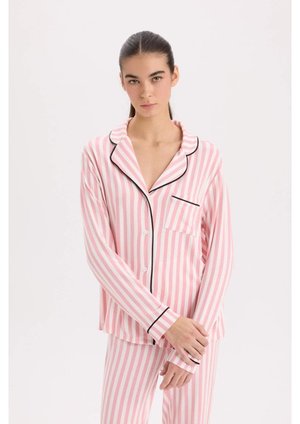 Pijama Takımı Çizgili Uzun Kollu Üst Beli Lastikli Uzun Alt-Fall in Love D6845AX24AU