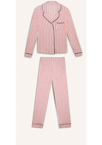 Pijama Takımı Çizgili Uzun Kollu Üst Beli Lastikli Uzun Alt-Fall in Love D6845AX24AU