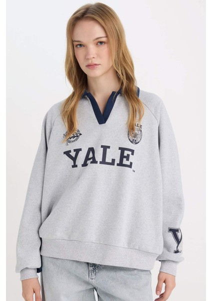 Yale University Oversize Geniş Kalıp Polo Yaka Baskılı Kalın Sweatshirt D7001AX24WN