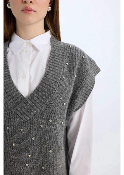 Relax Fit V Yaka Taşlı Triko Süveter D7512AX24WN