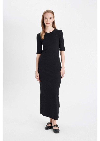 Bodycon Vücuda Oturan Bisiklet Yaka Basic Düz Fitilli Kaşkorse Kısa Kollu Maxi Elbise D8623AX24AU