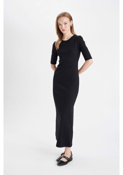 Bodycon Vücuda Oturan Bisiklet Yaka Basic Düz Fitilli Kaşkorse Kısa Kollu Maxi Elbise D8623AX24AU