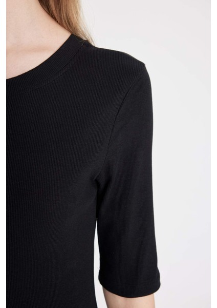 Bodycon Vücuda Oturan Bisiklet Yaka Basic Düz Fitilli Kaşkorse Kısa Kollu Maxi Elbise D8623AX24AU