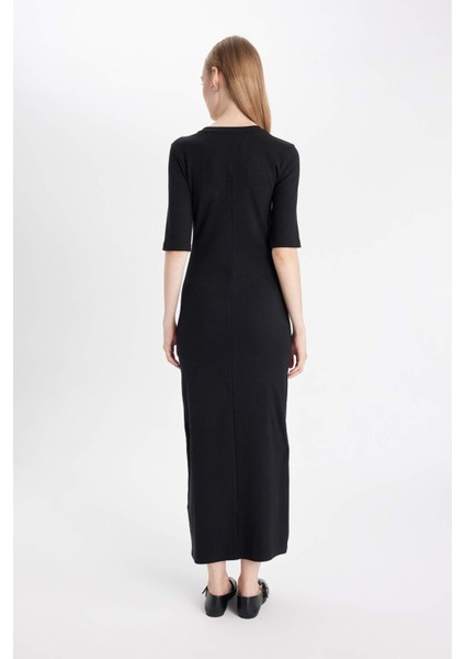 Bodycon Vücuda Oturan Bisiklet Yaka Basic Düz Fitilli Kaşkorse Kısa Kollu Maxi Elbise D8623AX24AU