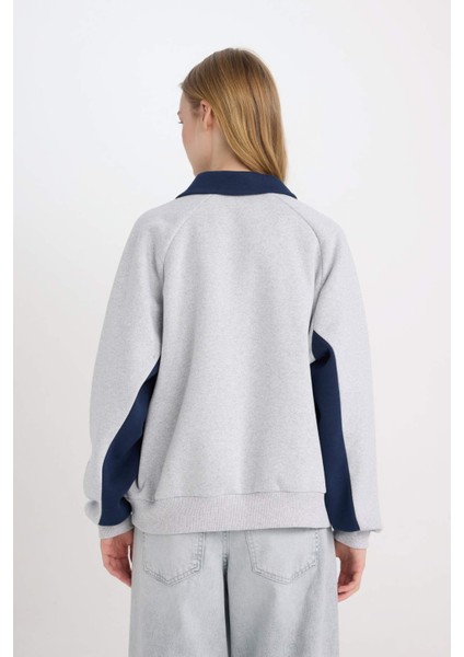 Yale University Oversize Geniş Kalıp Polo Yaka Baskılı Kalın Sweatshirt D7001AX24WN