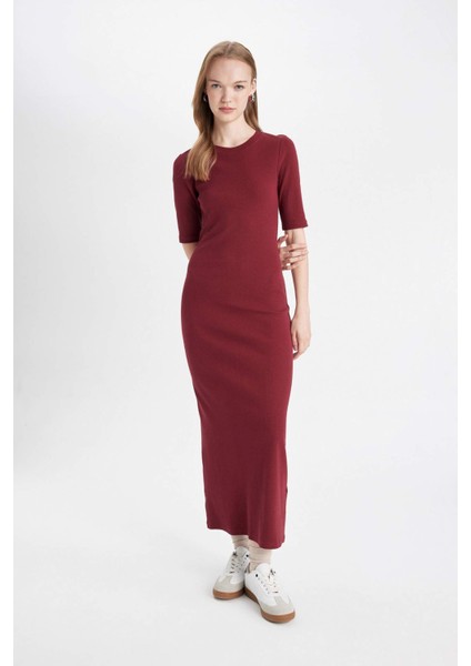 Bodycon Vücuda Oturan Bisiklet Yaka Basic Düz Fitilli Kaşkorse Kısa Kollu Maxi Bordo Elbise D8623AX24AU