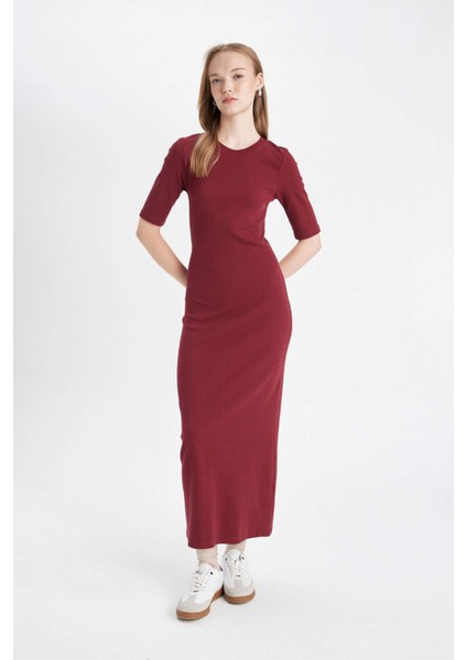Bodycon Vücuda Oturan Bisiklet Yaka Basic Düz Fitilli Kaşkorse Kısa Kollu Maxi Bordo Elbise D8623AX24AU