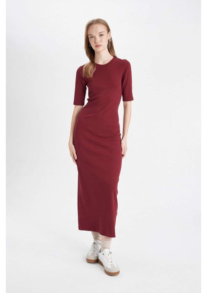 Bodycon Vücuda Oturan Bisiklet Yaka Basic Düz Fitilli Kaşkorse Kısa Kollu Maxi Bordo Elbise D8623AX24AU