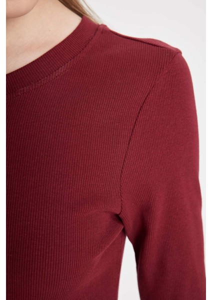 Bodycon Vücuda Oturan Bisiklet Yaka Basic Düz Fitilli Kaşkorse Kısa Kollu Maxi Bordo Elbise D8623AX24AU