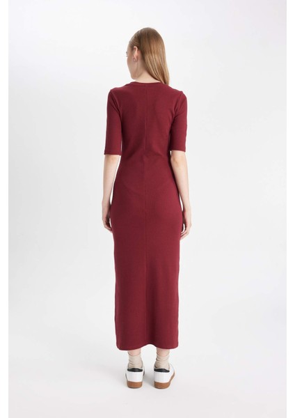 Bodycon Vücuda Oturan Bisiklet Yaka Basic Düz Fitilli Kaşkorse Kısa Kollu Maxi Bordo Elbise D8623AX24AU