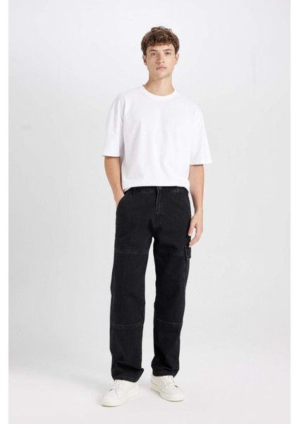 %100 Pamuk Wide Leg Fit Geniş Kalıp Normal Bel Geniş Paça Kargo Cepli Siyah Jean Pantolon