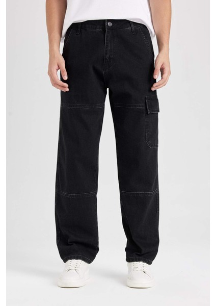 %100 Pamuk Wide Leg Fit Geniş Kalıp Normal Bel Geniş Paça Kargo Cepli Siyah Jean Pantolon